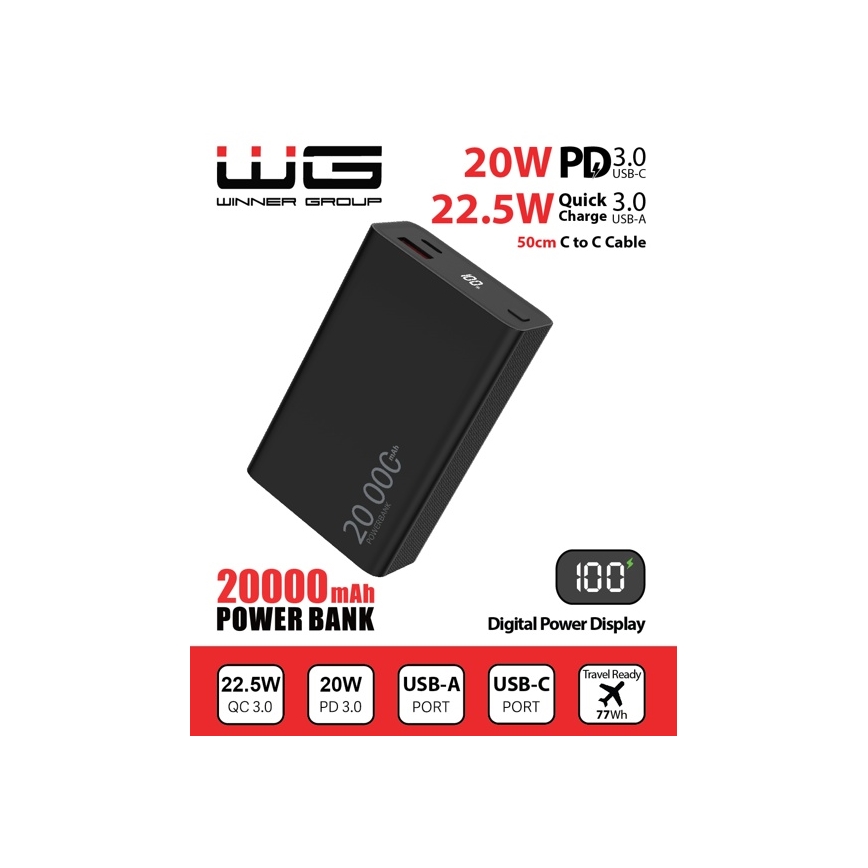 Winner Group - Išorinė baterija su ekranu 20000 mAh 20W Power Delivery juoda