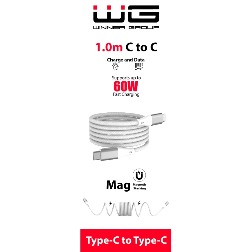 Winner Group - Magnetinis USB laidas USB-C / USB-C 60W 1m balta