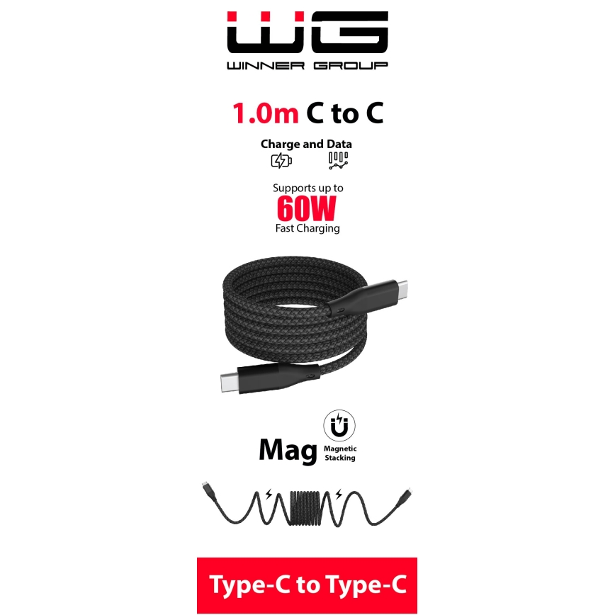 Winner Group - Magnetinis USB laidas USB-C / USB-C 60W 1m juoda
