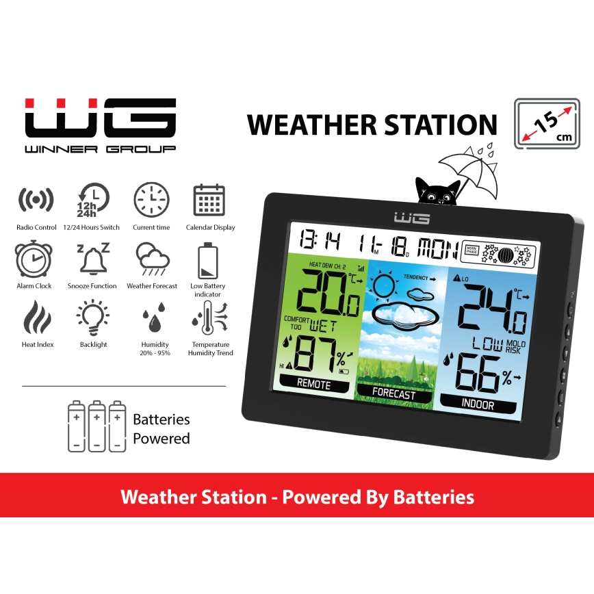 Winner Group - Meteorologinė stotelė su LCD ekranu ir žadintuvu 5xAAA