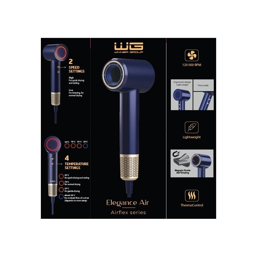 Winner Group - Plaukų džiovintuvas su jonizatoriumi Elegance Air 1600W/230V mėlyna SCHUKO