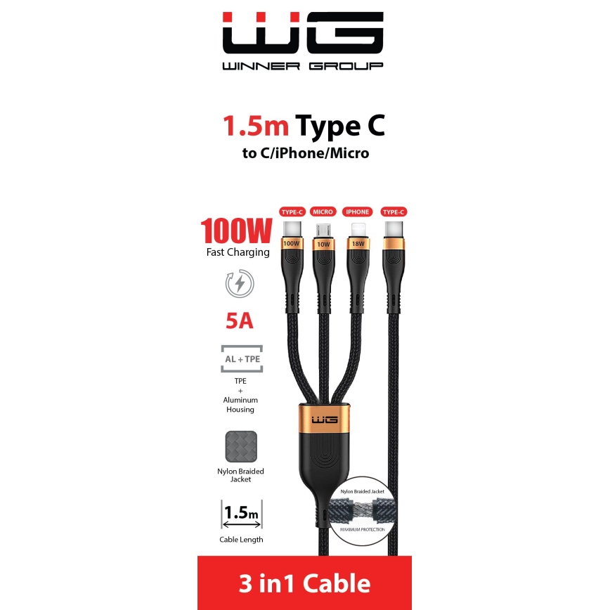 Winner Group -USB laidas 3in1 USB-C / Lightning, USB-C ir Micro USB 100W 1,5m juoda