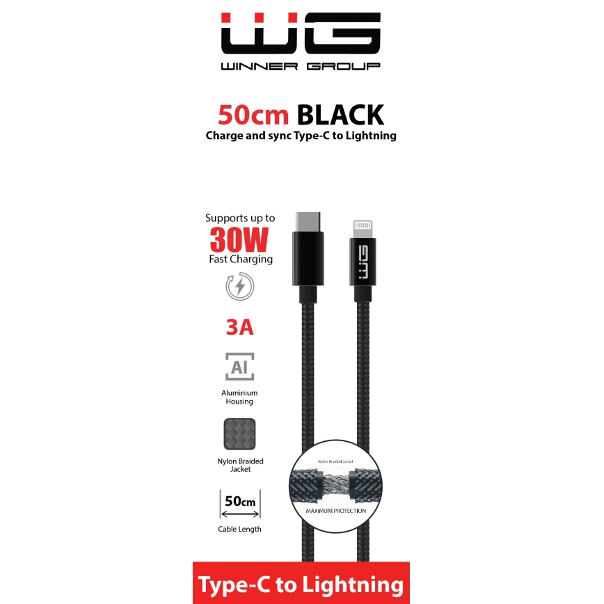 Winner Group - USB laidas Lightning / USB-C 60W 50cm juoda