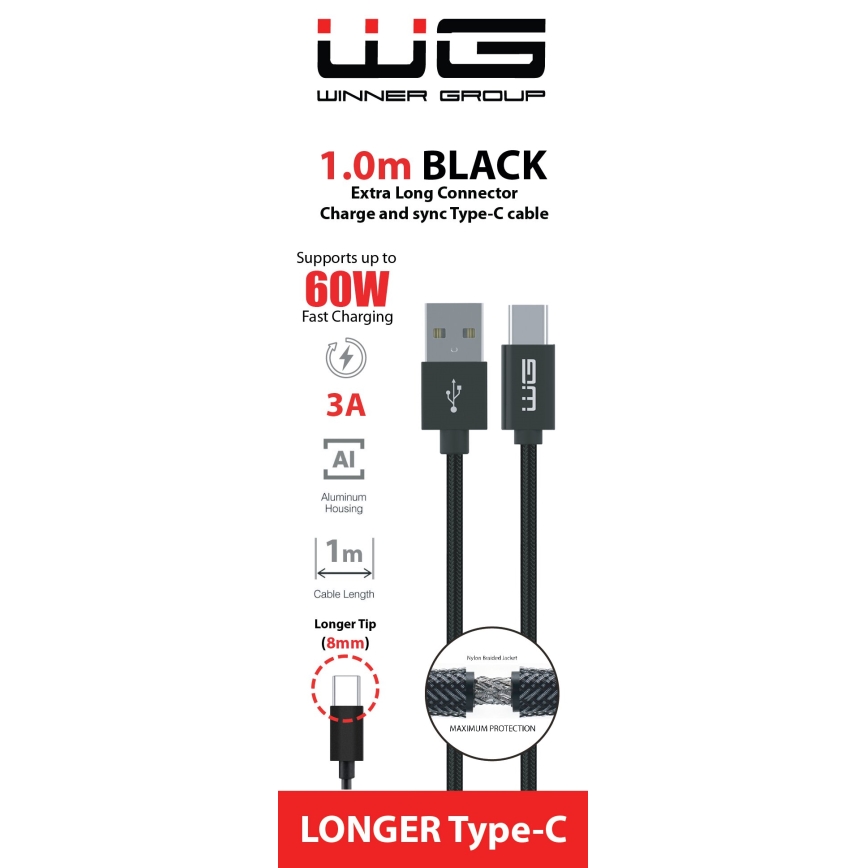 Winner Group - USB laidas su prailginta jungtimi USB-C / USB-A 60W 1m juoda
