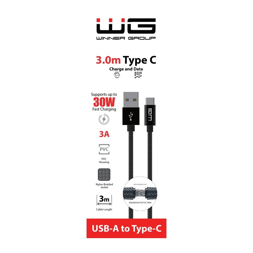 Winner Group - USB laidas USB-C / USB-A 30W 3m juoda