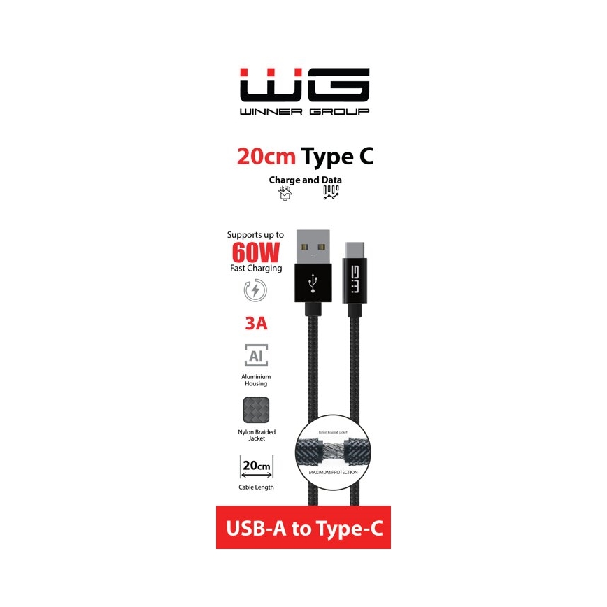 Winner Group - USB laidas USB-C / USB-A 60W 20cm juoda