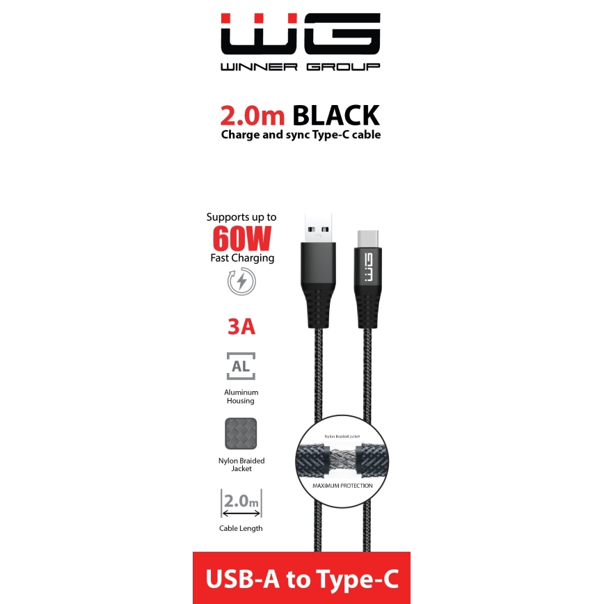 Winner Group - USB laidas USB-C / USB-A 60W 2m juoda