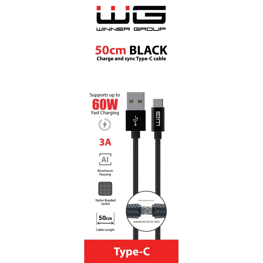 Winner Group - USB laidas USB-C / USB-A 60W 50cm juoda