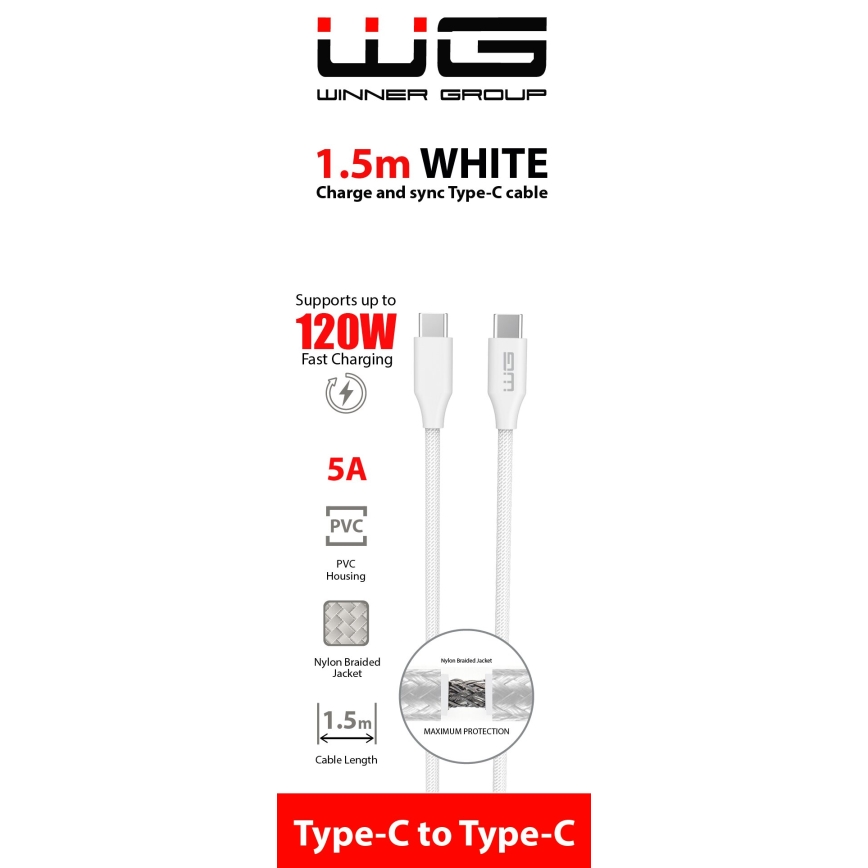 Winner Group - USB laidas USB-C / USB-C 120W 1,5m balta