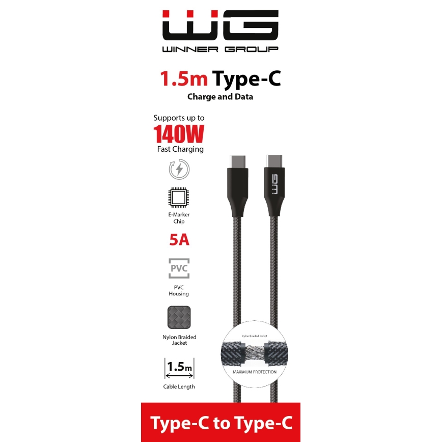 Winner Group - USB laidas USB-C / USB-C 140W 1,5m juoda