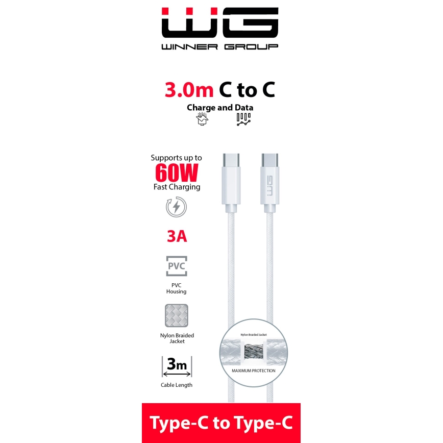 Winner Group - USB laidas USB-C / USB-C 60W 3m balta