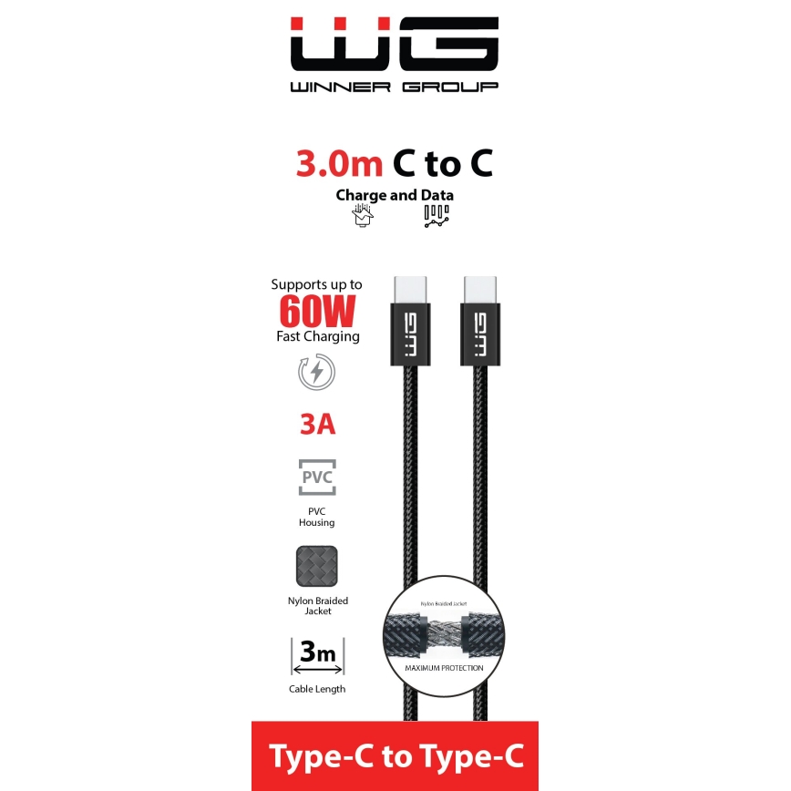 Winner Group - USB laidas USB-C / USB-C 60W 3m juoda