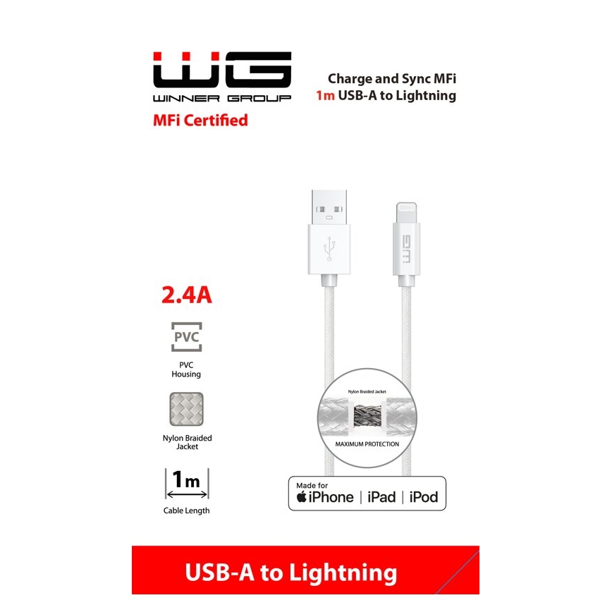 Winner Group - USB kabelis MFI Lightning / USB-A 1 m baltas