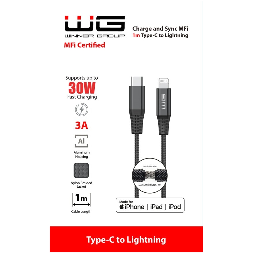 Winner Group - USB kabelis MFI Lightning / USB-C 1m juodas