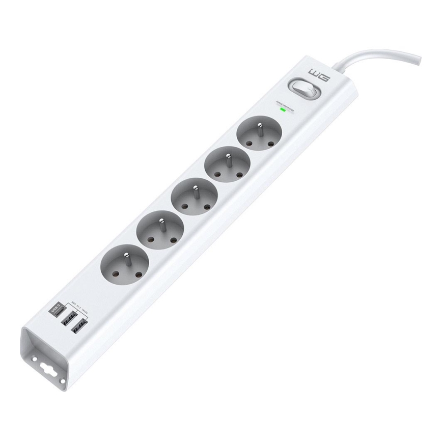 Winner Group - Viršįtampių apsauga, 5 lizdai + 2x USB-A + 1x USB-C, balta