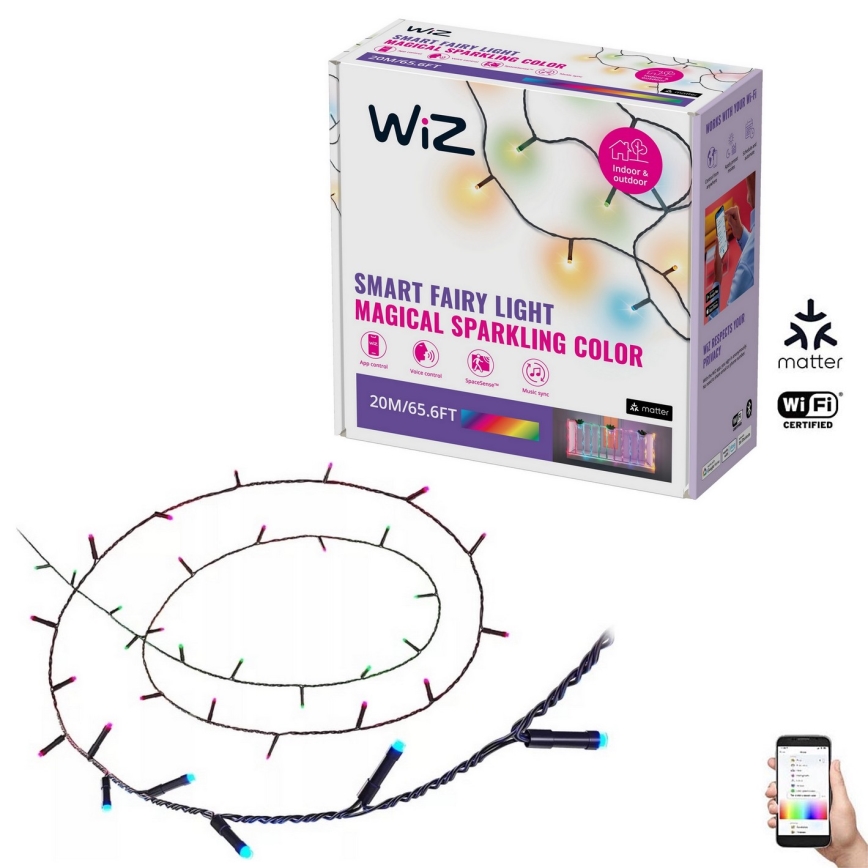 WiZ – LED RGBW pritemdoma lauko grandinė 160xLED 20m IP44 2700-5000K Wi-Fi