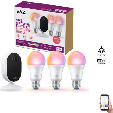 WiZ - Namų stebėjimo rinkinys: 1x kamera + 3x LED RGB lemputė A60 E27/8,5W/230V Wi-Fi