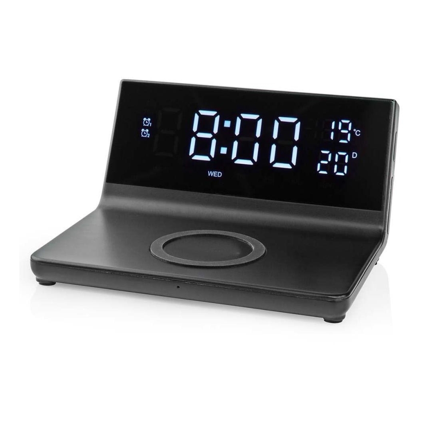 Žadintuvas su LCD ekranu ir bevielis įkroviklis 15W/230V + 1xCR2032 juoda