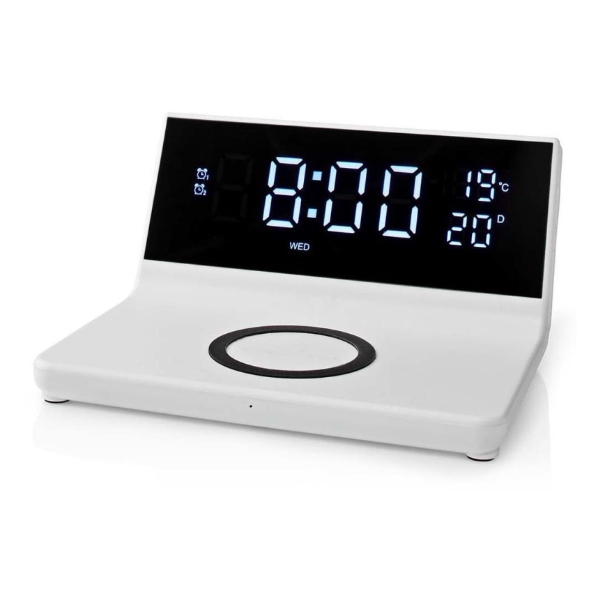 Žadintuvas su LCD ekranu ir bevielis įkroviklis 15W/5V + 1xCR2032 balta