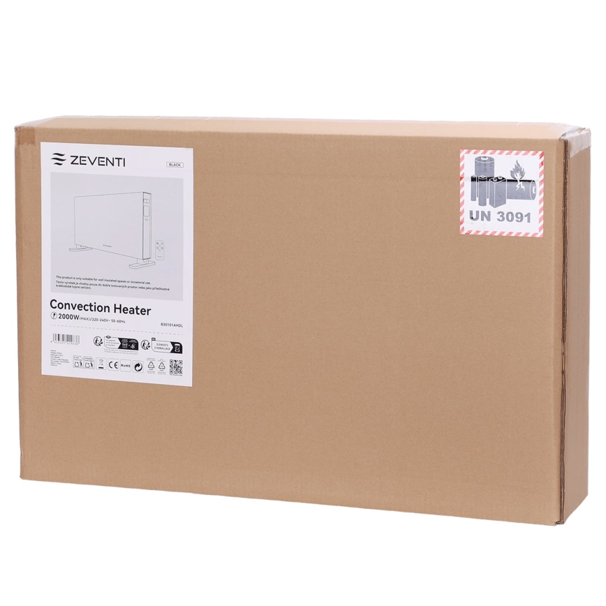 ZEVENTI - Elektrinis tiesioginis šildytuvas/konvektorius su LCD ekranu 1250/2000W/230V juoda + nuotolinio valdymo pultas
