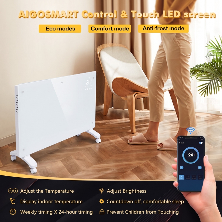 ZEVENTI - Išmanus sieninis elektrinis prietaisas tiesioginis šildytuvas/konvektorius su LCD ekranu 1000/2000W/230V Wi-Fi balta