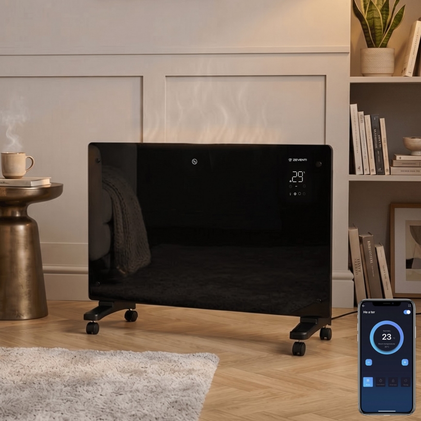 ZEVENTI - Išmanus sieninis elektrinis šildytuvas/konvektorius su LCD ekranu 1000/2000W/230V Wi-Fi juoda