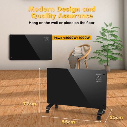 ZEVENTI - Išmanus sieninis elektrinis šildytuvas/konvektorius su LCD ekranu 1000/2000W/230V Wi-Fi juoda