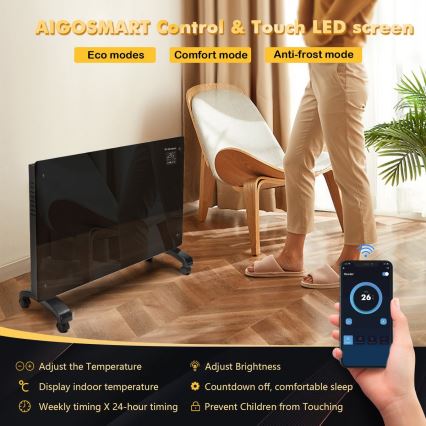 ZEVENTI - Išmanus sieninis elektrinis šildytuvas/konvektorius su LCD ekranu 1000/2000W/230V Wi-Fi juoda