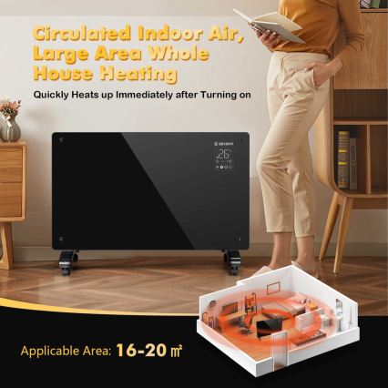 ZEVENTI - Išmanus sieninis elektrinis šildytuvas/konvektorius su LCD ekranu 1000/2000W/230V Wi-Fi juoda