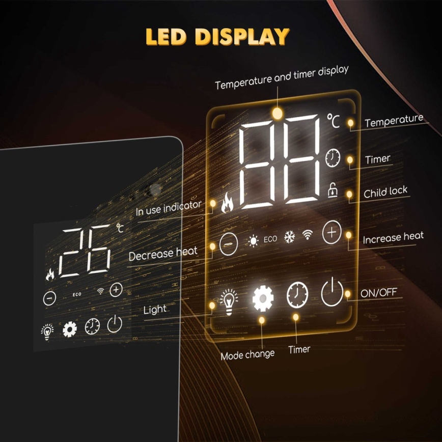 ZEVENTI - Išmanus sieninis elektrinis šildytuvas/konvektorius su LCD ekranu 1000/2000W/230V Wi-Fi juoda