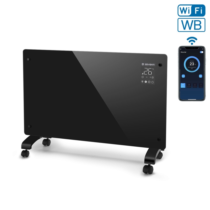 ZEVENTI - Išmanus sieninis elektrinis šildytuvas/konvektorius su LCD ekranu 1000/2000W/230V Wi-Fi juoda