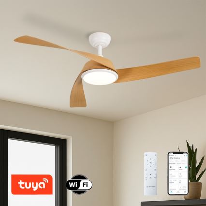 ZEVENTI - Dimeriuojamas lubinis ventiliatorius su LED AERYS LED/24W/230V 3000/4000/6000K Wi-Fi Tuya balta/ąžuolas + nuotolinis pultelis
