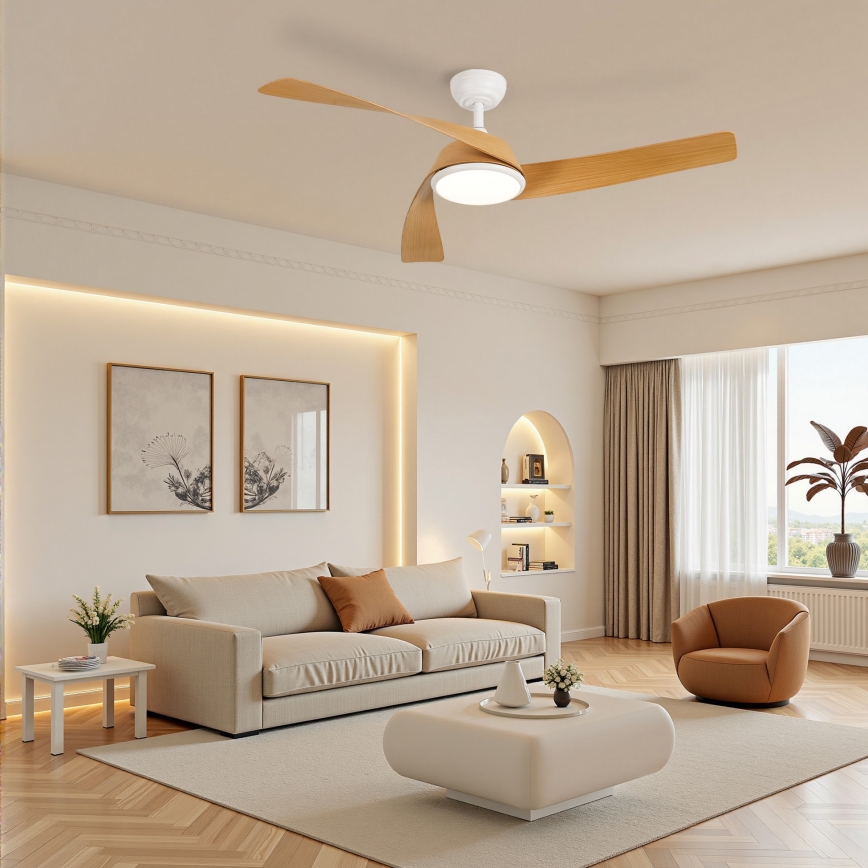 ZEVENTI - Dimeriuojamas lubinis ventiliatorius su LED AERYS LED/24W/230V 3000/4000/6000K Wi-Fi Tuya balta/ąžuolas + nuotolinis pultelis