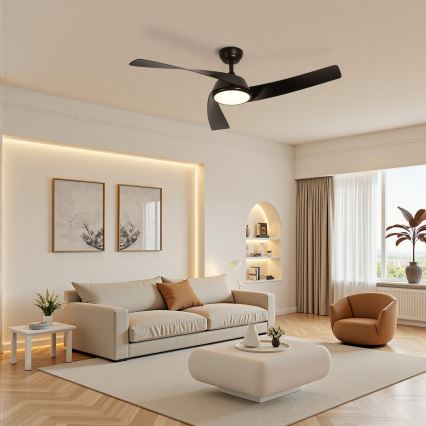 ZEVENTI - LED lubų ventiliatorius AERYS su reguliuojamu LED apšvietimu, 24W/230V, 3000/4000/6000K, Wi-Fi (Tuya), juodas + nuotolinio valdymo pultas