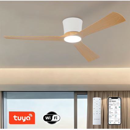ZEVENTI - LED reguliuojamo apšvietimo lubinis ventiliatorius AUREX LED/24W/230V 3000/4000/6000K Wi-Fi Tuya balta/ąžuolas + nuotolinis pultas