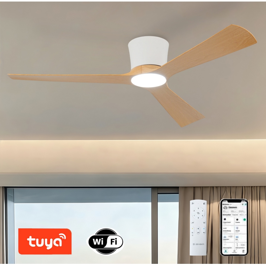 ZEVENTI - LED reguliuojamo apšvietimo lubinis ventiliatorius AUREX LED/24W/230V 3000/4000/6000K Wi-Fi Tuya balta/ąžuolas + nuotolinis pultas