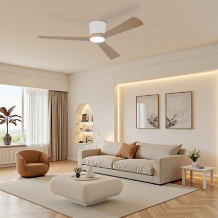 ZEVENTI - LED reguliuojamo apšvietimo lubinis ventiliatorius AUREX LED/24W/230V 3000/4000/6000K Wi-Fi Tuya balta/ąžuolas + nuotolinis pultas