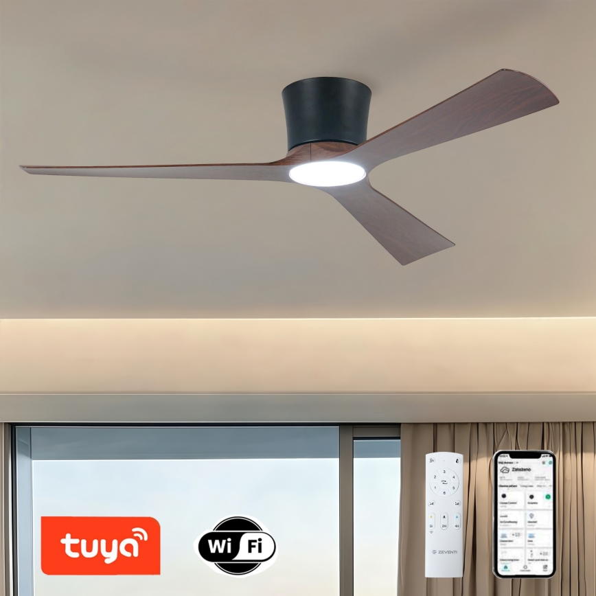 ZEVENTI - LED dimeriuojamas lubinis ventiliatorius AUREX LED/24W/230V 3000/4000/6000K Wi-Fi Tuya juoda/riešutmedis + nuotolinis valdymas