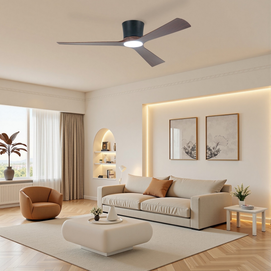 ZEVENTI - LED dimeriuojamas lubinis ventiliatorius AUREX LED/24W/230V 3000/4000/6000K Wi-Fi Tuya juoda/riešutmedis + nuotolinis valdymas