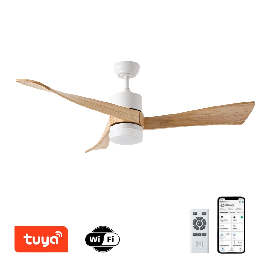 ZEVENTI - LED Reguliuojamas lubinis ventiliatorius NATURITO LED/18W/230V 3000-6000K Wi-Fi Tuya balta/ąžuolas + nuotolinio valdymo pultas