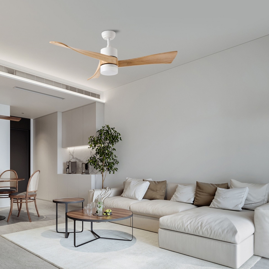 ZEVENTI - LED Reguliuojamas lubinis ventiliatorius NATURITO LED/18W/230V 3000-6000K Wi-Fi Tuya balta/ąžuolas + nuotolinio valdymo pultas