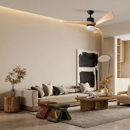 ZEVENTI - LED lubinis ventiliatorius NATURITO LED/18W/230V 3000-6000K Wi-Fi Tuya juodas/ąžuolas + nuotolinis valdymas