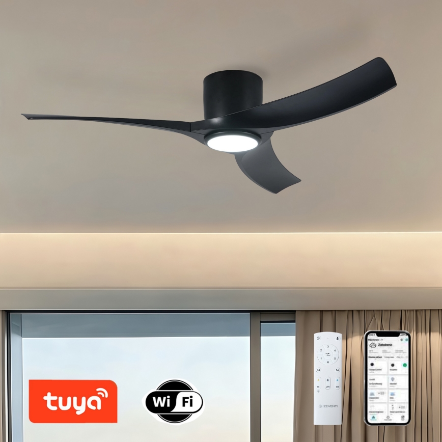 ZEVENTI - LED dimeriuojamas lubinis ventiliatorius ORBITO LED/24W/230V 3000/4000/6000K Wi-Fi Tuya juodas + nuotolinis valdymas
