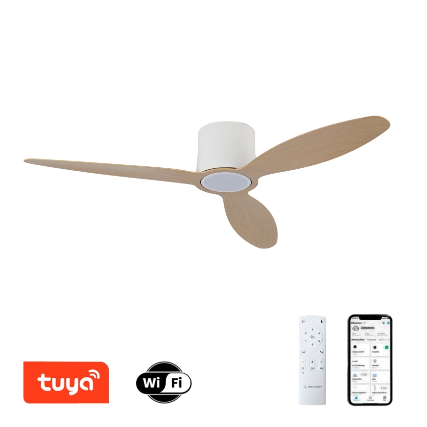 ZEVENTI - LED dimeriuojamas lubinis ventiliatorius VENTORA LED/24W/230V 3000/4000/6000K Wi-Fi Tuya balta/ąžuolas + nuotolinis valdymas