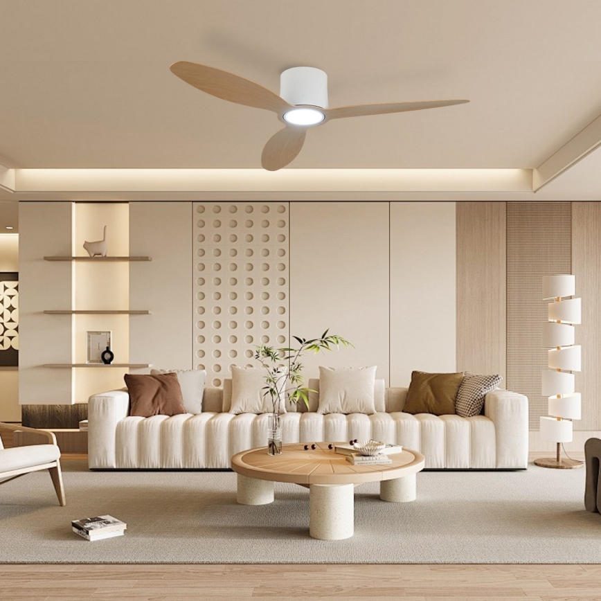 ZEVENTI - Dimeriuojamas LED lubinis ventiliatorius VENTORA LED/24W/230V 3000/4000/6000K Wi-Fi Tuya baltas/ąžuolas + nuotolinio valdymo pultas