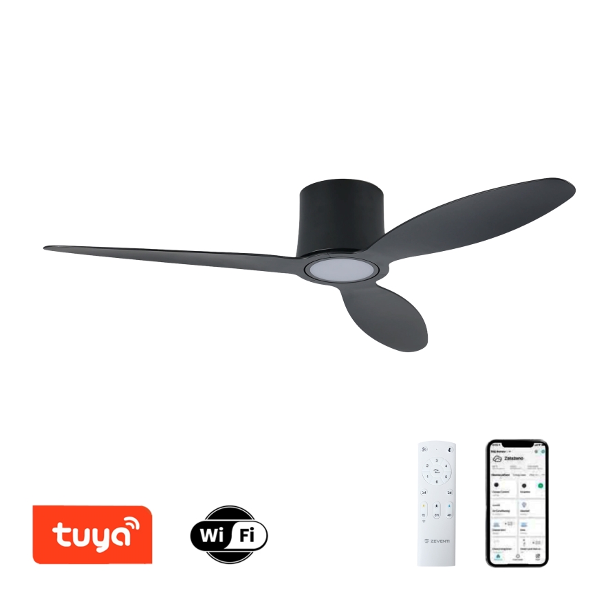 ZEVENTI – Dimeriu reguliuojamas LED lubų ventiliatorius VENTORA LED/24W/230V 3000/4000/6000K Wi‑Fi Tuya, juodas, su nuotolinio valdymo pultu