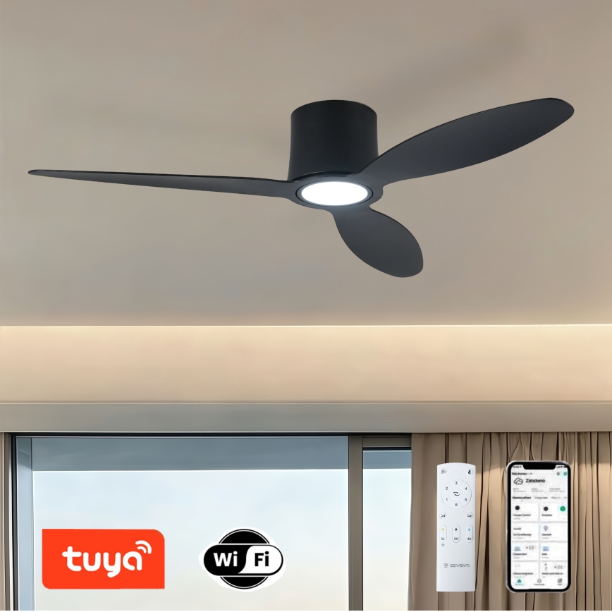 ZEVENTI – Dimeriu reguliuojamas LED lubų ventiliatorius VENTORA LED/24W/230V 3000/4000/6000K Wi‑Fi Tuya, juodas, su nuotolinio valdymo pultu