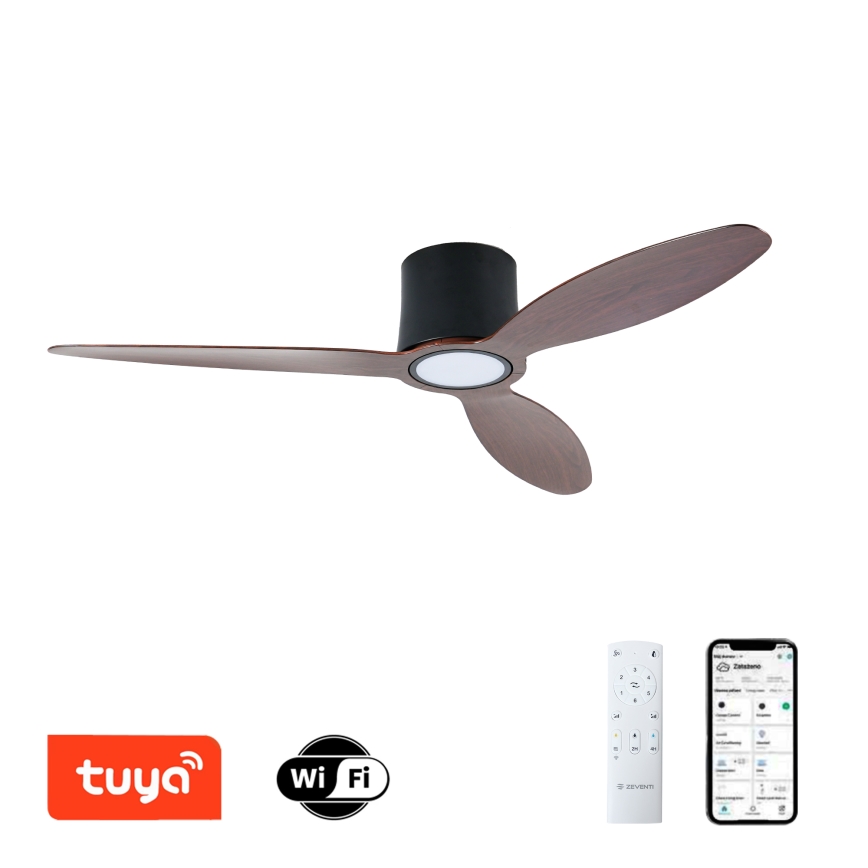 ZEVENTI - LED su reguliuojamu apšvietimu lubų ventiliatorius VENTORA LED/24W/230V 3000/4000/6000K Wi-Fi Tuya juodas/riešutas + nuotolinis valdymas