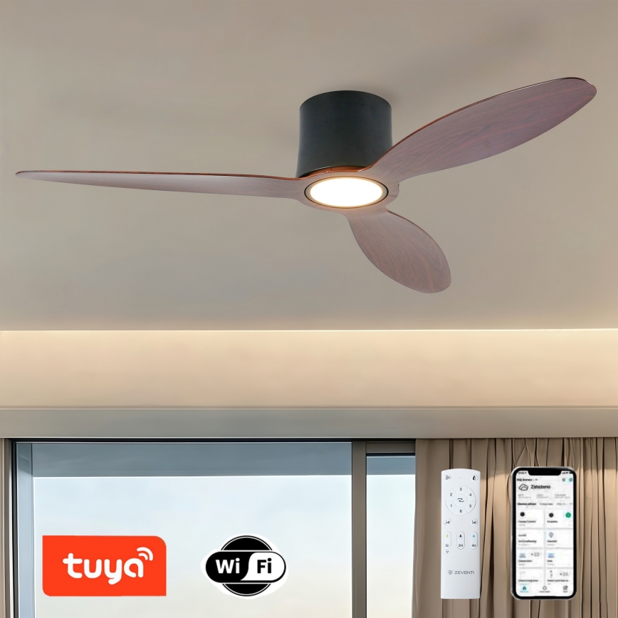 ZEVENTI - LED su reguliuojamu apšvietimu lubų ventiliatorius VENTORA LED/24W/230V 3000/4000/6000K Wi-Fi Tuya juodas/riešutas + nuotolinis valdymas