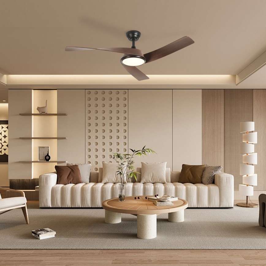 ZEVENTI - LED dimeriuojamas lubinis ventiliatorius AERYS LED/24W/230V 3000/4000/6000K Wi‑Fi Tuya juoda/riešutmedžio + nuotolinio valdymo pultas